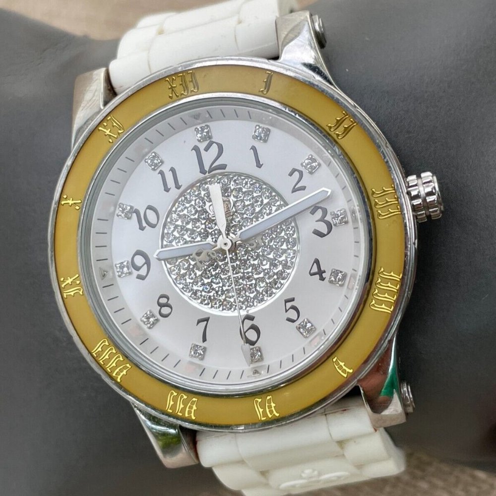 Juicy Couture Ladies Wrist Watch Crytals Accent Face White Rubber Band Quartz - Picture 3 of 12